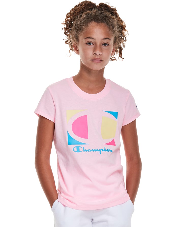 Champion Girls T-Shirt NZ - Classic Graphic Colorblock Logo Pink ( 3045-YQWTC )